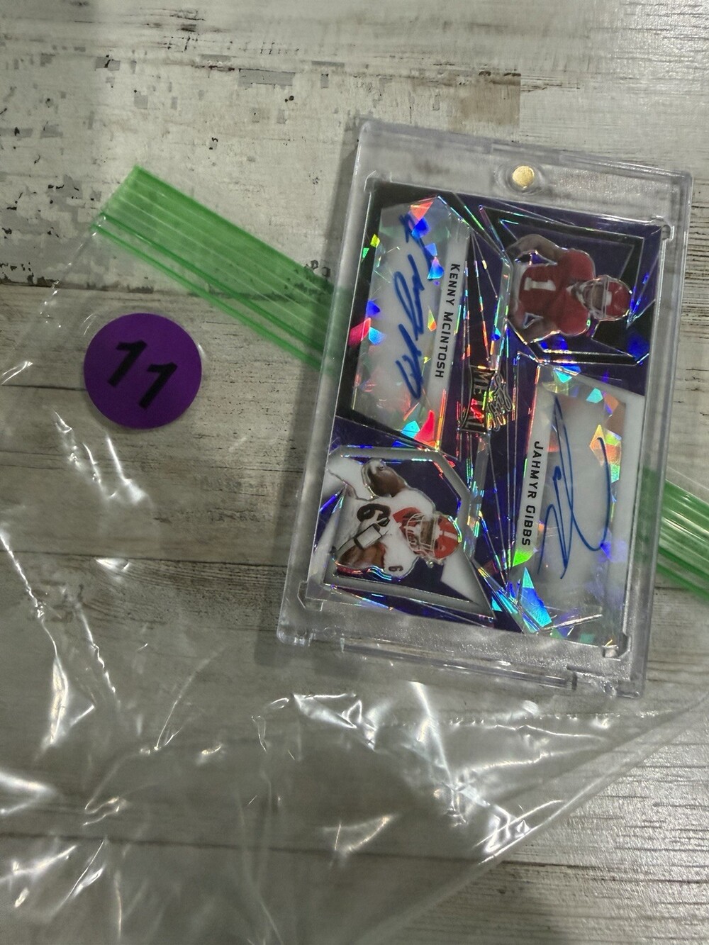 Kenny McIntosh Jahmyr Gibbs 2023 Leaf Metal Dual Auto 1/1 Purple Cracked Ice - Picture 3 of 3